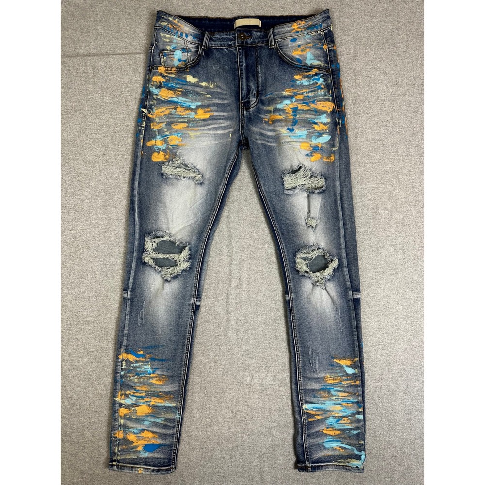 KDNK Men'KDNK Jean Mens 33x31 Distressed Ripped Paint Splatter Denim Design Blue